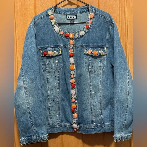 Berek Blue Jean Jacket with Colorful Embellishments woman size 3X pit 26”L 27” - Picture 1 of 11